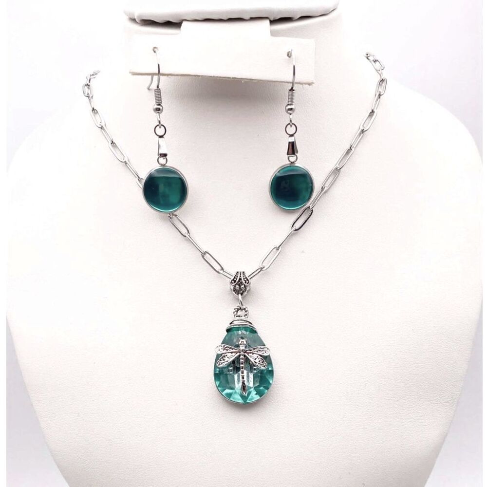 Teal Dragonfly Crystal Pendant Necklace & Matching Earrings Jewelry Set
